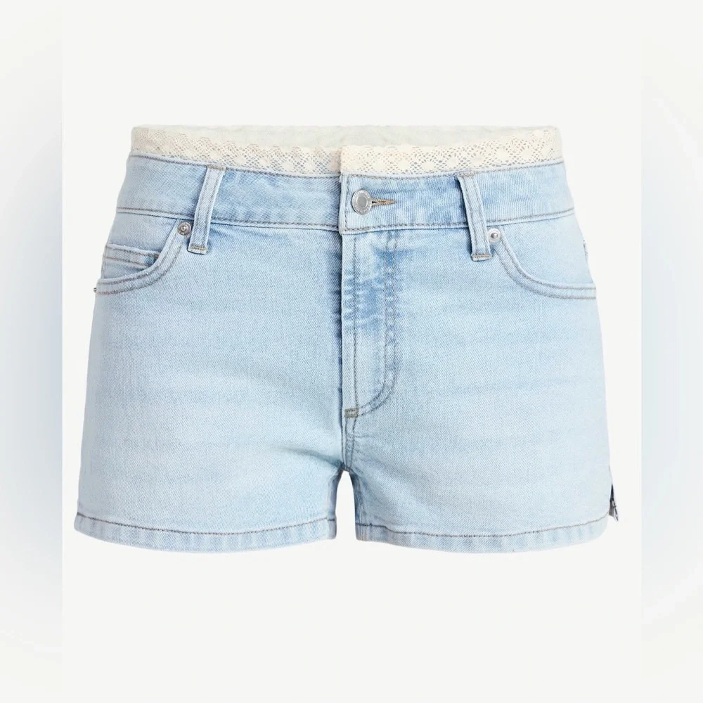 NWT No Boundaries Light Wash Denim Shorts Size 0 Mid‎ Rise Crochet Trim Juniors